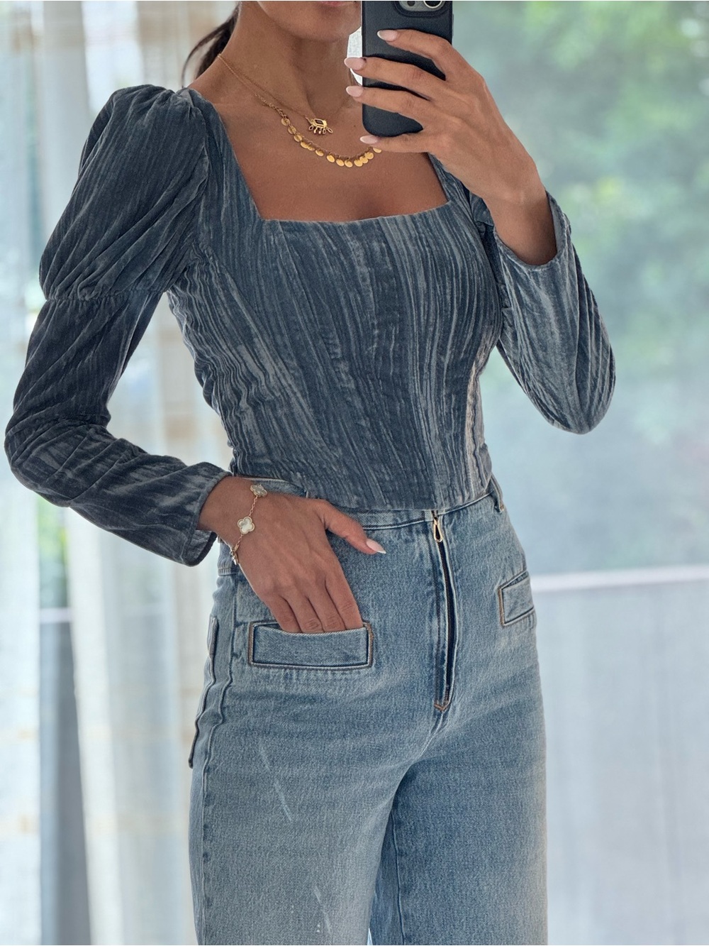 Wayf Blue Crushed Velvet Puff Sleeve Square Neck Top